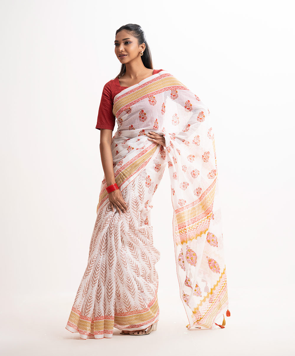 White Cotton Printed Saree