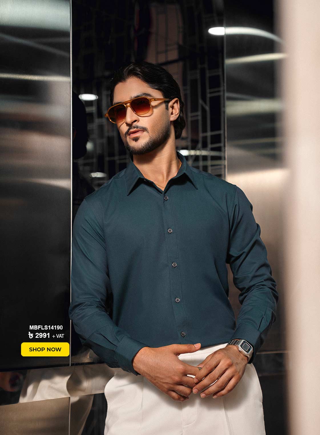 Green Cotton-blend Business Formal Shirt