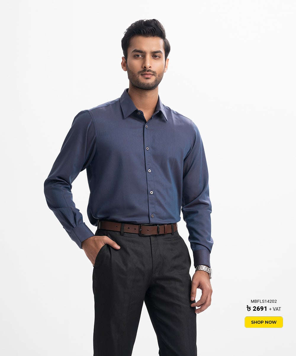 Navy Blue Viscose-blended Long Sleeve Formal Shirt