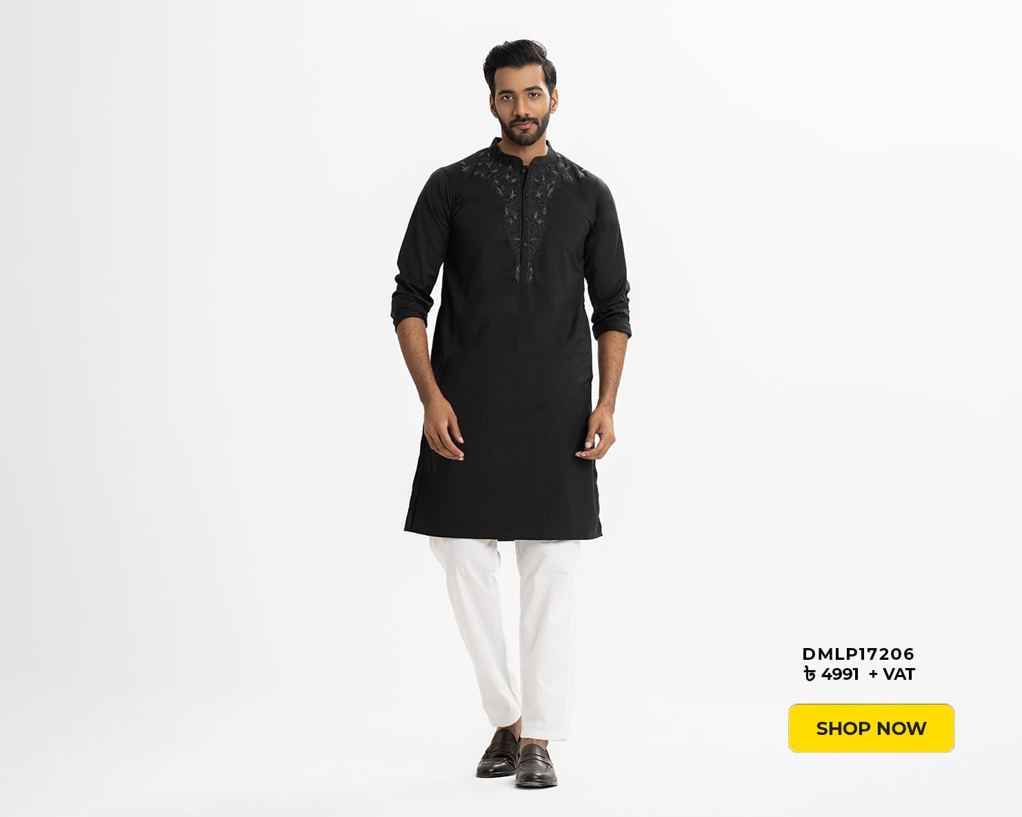 Black Blended Cotton Semi Fitted Panjabi